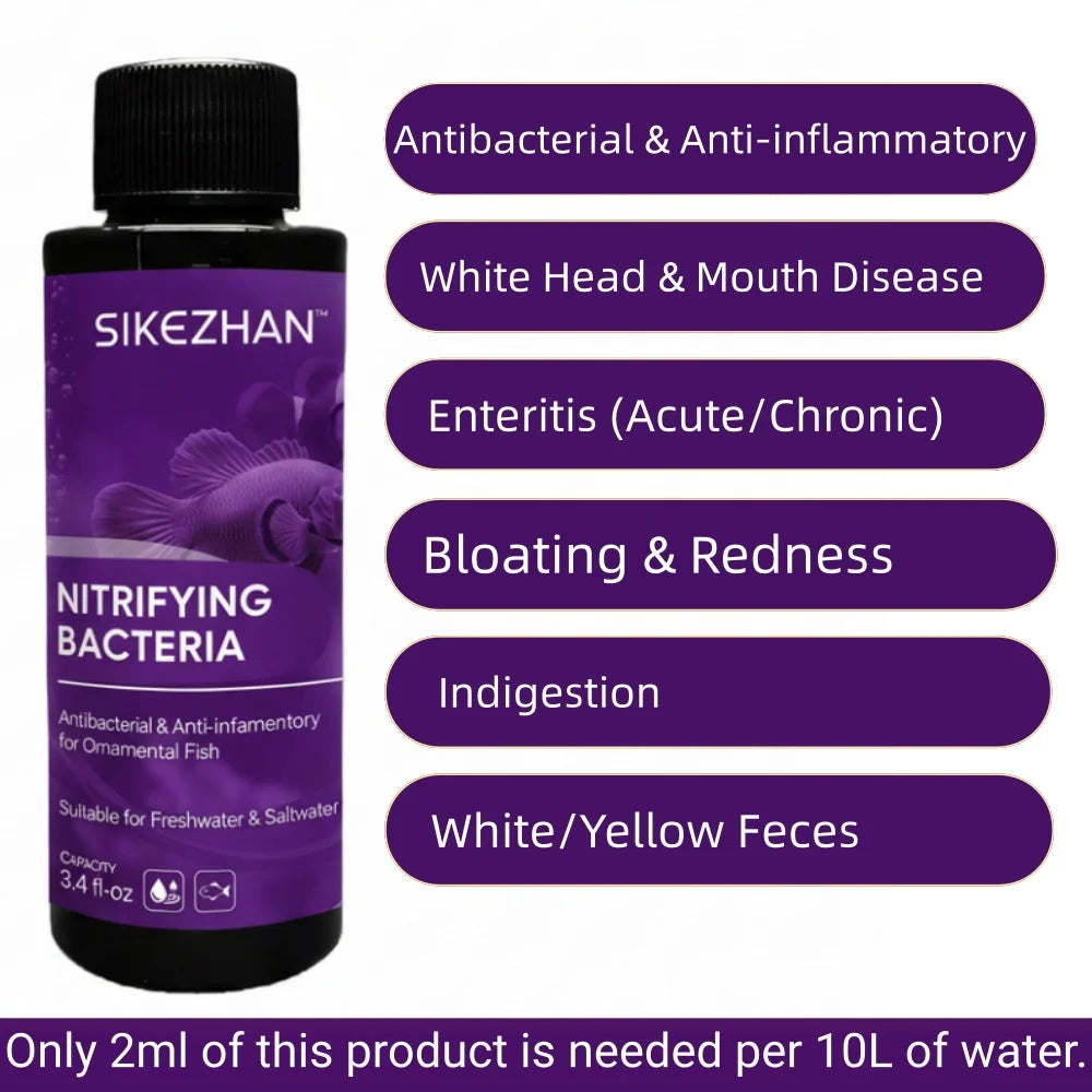 SIKEZHAN Fish Disease Treatment & Nitrifying Bacteria | Anti-inflammatory Aquarium Remedy for Fresh/Saltwater w/ 2ml Pipette